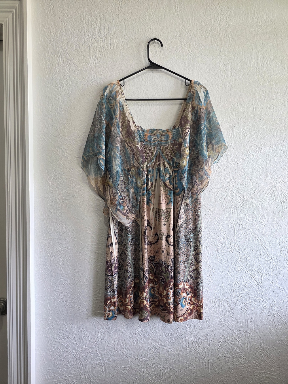 One World Teal, Cream and Brown Paisley Flutter Mini Dress